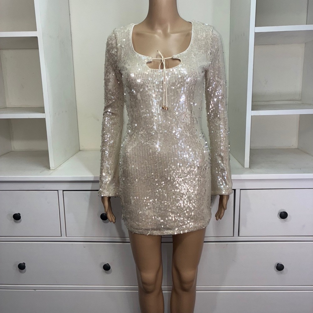 Wild Fable Women's Sequin Long Sleeve Mini Dress Cream Cutout Neckline XXS
